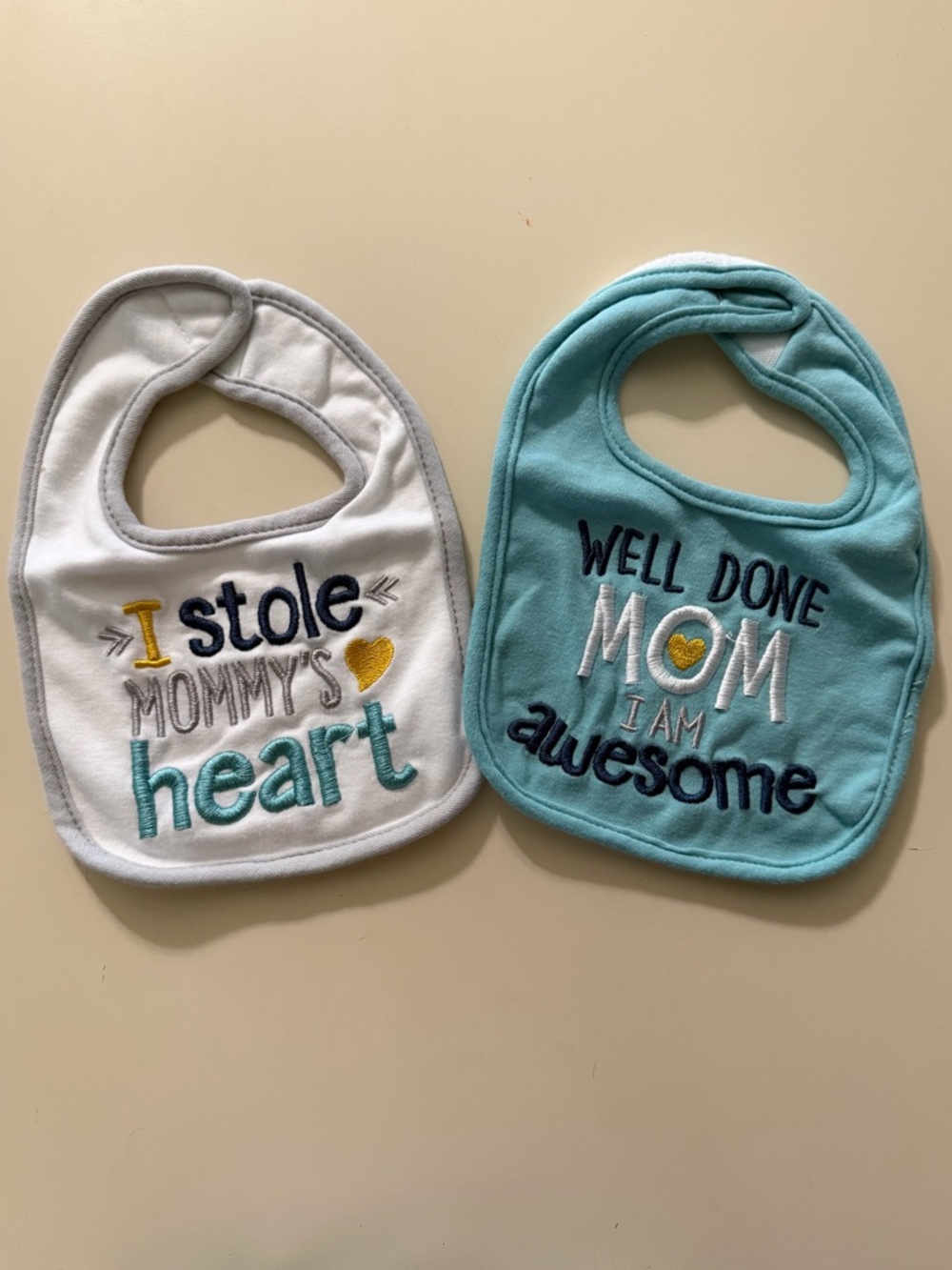 Embroidered Baby Bib Duo in White and Aqua - Charming Mom Messages